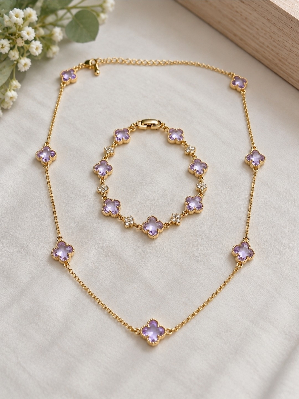 Purple Floral Stone Necklace & Bracelet Set